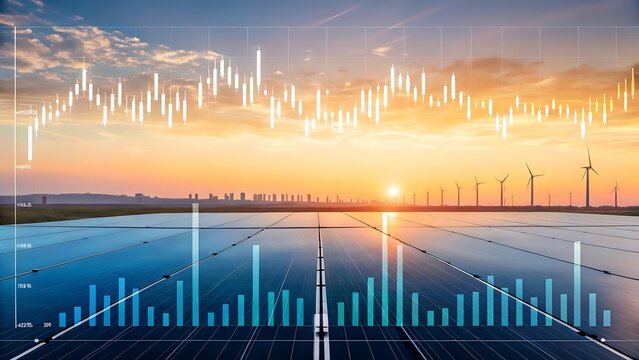 Renewable energy sector growth illustrated with stock market charts over solar panels and wind turbines at sunset