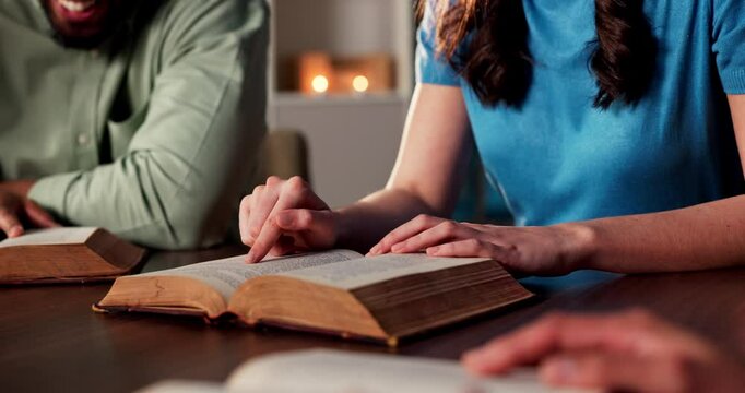 Reading, bible and people in church, hands and Christian with belief in God, holy spirit or praying. Prayer group, together and worship with scripture in chapel, table or faith for religion and Jesus