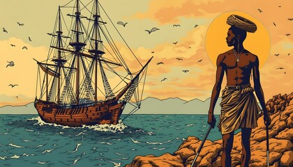 Captivating sunset view of a man standing on rocks by the sea with a historic ship in the background, evoking the essence of adventure and exploration by the coast Generative AI