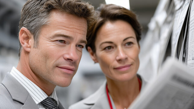 Professional man and woman reviewing news articles in a modern office environment with focus on teamwork and communication