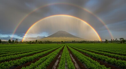 Double rainbow arches over a lush farmland, with a volcanic mountain in the background