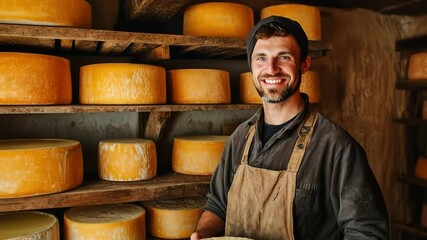 Senior cheesemaker proudly presenting a wheel of cheese in a cellar, surrounded by shelves of aging cheese
