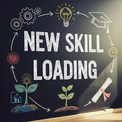 Chalkboard with 'New Skill Loading' & Doodles – Ideal for Learning, Growth & Development Concepts