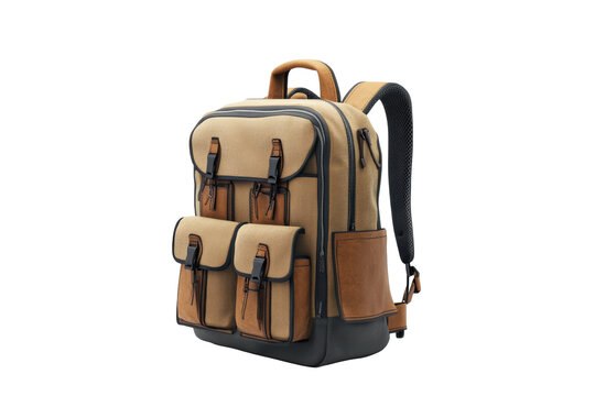 Beige and brown rugged backpack designed for outdoor or academic gear storage with leather details.