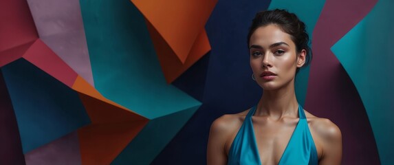 Elegant woman poses in front of a colorful geometric background