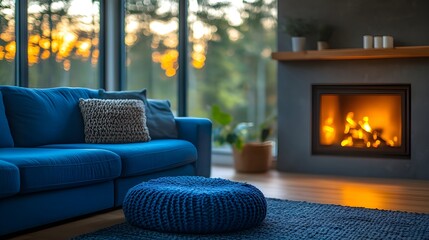 living room with fireplace,Contemporary living room interior with a comfortable sofa, armchair, and burning fireplace, creating a luxurious and inviting home design