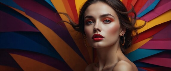 Beautiful woman with vibrant makeup poses against a colorful backdrop