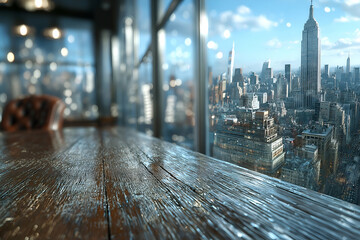 Wooden Table with Cityscape View from Window at Daytime, motion blur Business concept, motion bokeh background