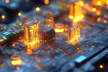 A tiny data center with microscopic servers and glowing fiber optic cables, perfectly detailed under magnification 