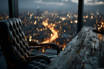 Leather Armchair Overlooking City Lights at Night From Highrise Office, motion blur Business concept, motion bokeh background