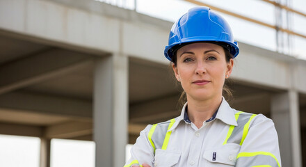 A confident female construction worker wearing a blue hard hat and safety vest poses at a job site