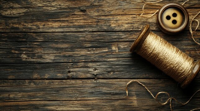 Sustainable fashion concept A spool of thread and a button on a rustic wooden surface create a cozy craft scene. - Powered by Adobe