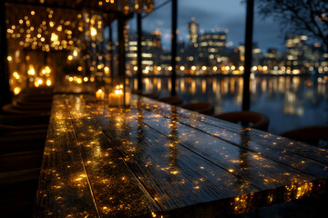 Illuminated Wooden Table with Candlelight and City Lights Reflections at Night, motion blur Business concept, motion bokeh background