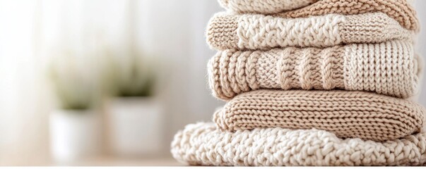 Sustainable fashion concept Cozy stacked knitted textiles with soft colors and minimalistic decor in the background.