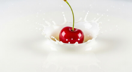 A single ripe cherry splashes into white milk, creating a dynamic and refreshing visual