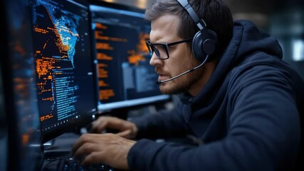 Man working computer: hacker skill, digital code, cyber threat, data breach, system access, keyboard typing, network intrusion, encrypted file, software crack, security flaw, cyber attack - Powered by Adobe