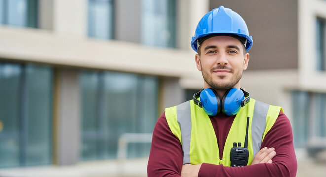 A smiling construction worker wearing a blue hard hat and safety vest stands at a building site