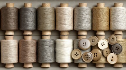 Sustainable fashion concept Spools of thread and buttons arranged neatly, showcasing a variety of textures and colors.