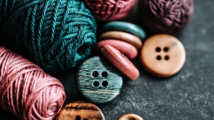 Sustainable fashion concept Colorful threads and assorted buttons arranged on a dark surface, ideal for crafting and sewing projects.