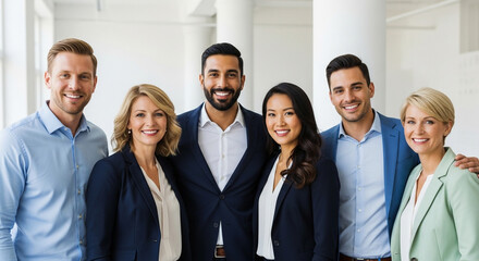 A diverse group of six business professionals smiling confidently in an office setting