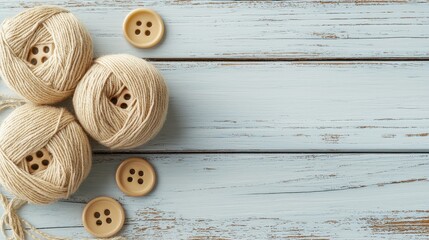Sustainable fashion concept Soft yarn balls and wooden buttons are arranged on a rustic wooden background, creating a cozy crafting scene.