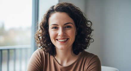 A smiling woman with curly brown hair looks directly at the camera with a warm expression