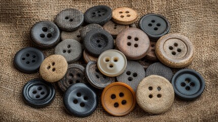 Sustainable fashion concept A collection of assorted buttons in various colors and sizes on a textured fabric background.