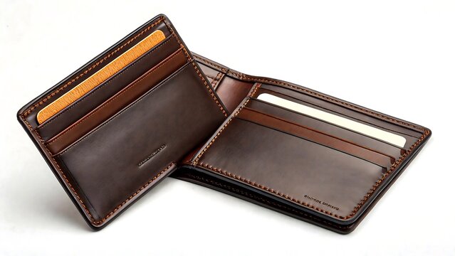 Brown leather wallet with card slots on white background
