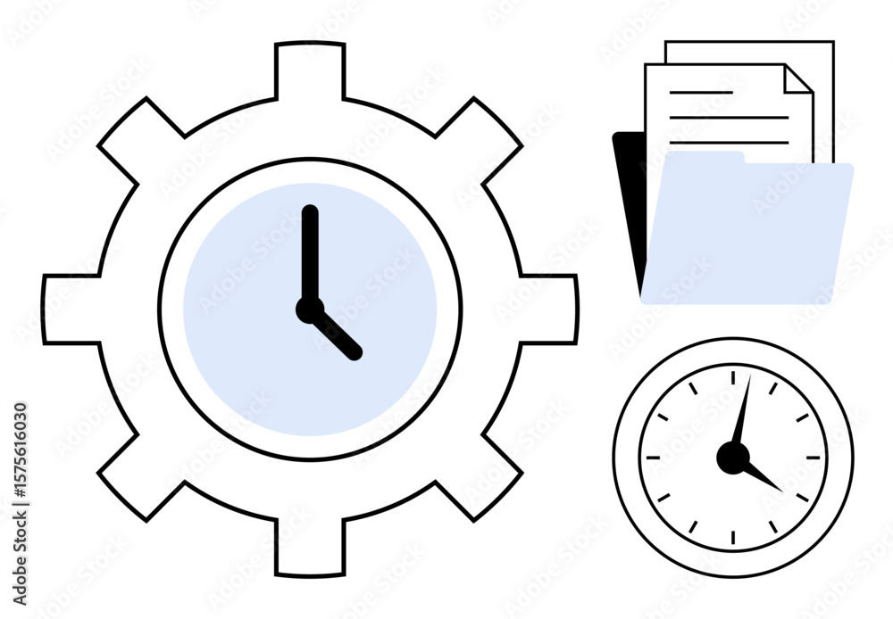 Poster gear clock indicating productivity and time management, accompanied by a clock and folders with docu