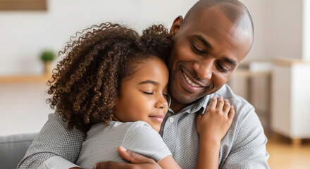 A loving father embraces his young daughter, sharing a tender moment of connection and happiness