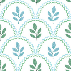 Elegant Floral Seamless Pattern with Green and blue Leaves on White Background, with scalloped arches. Perfect for Wallpaper, Fabric, and Home Decor