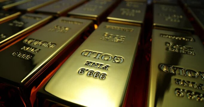 Softly glowing gold ingots lines with markings in protected safe. Expensive precious metals hidden from theft in bank storage. Financial security