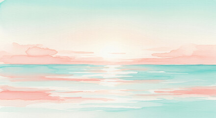 Watercolor painting of a tranquil sea at sunset with pink clouds