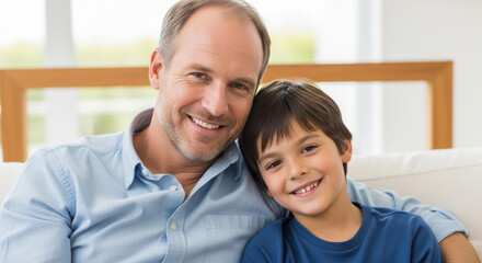 A smiling father and his young son are close together on a couch, sharing a happy moment