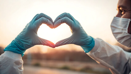 A healthcare worker wearing protective gear making a heart shape with gloved hands at sunset light - ai generated