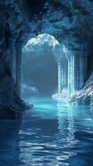 Exploring a Mystical Underground Cave with Water and Stone Columns