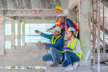 engineering teams in full safety gears working on height building,project manager engineer holding...