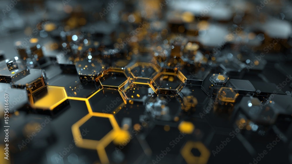 Aufkleber abstract geometric pattern with black and gold honeycomb structure and glowing lights in futuristic 
