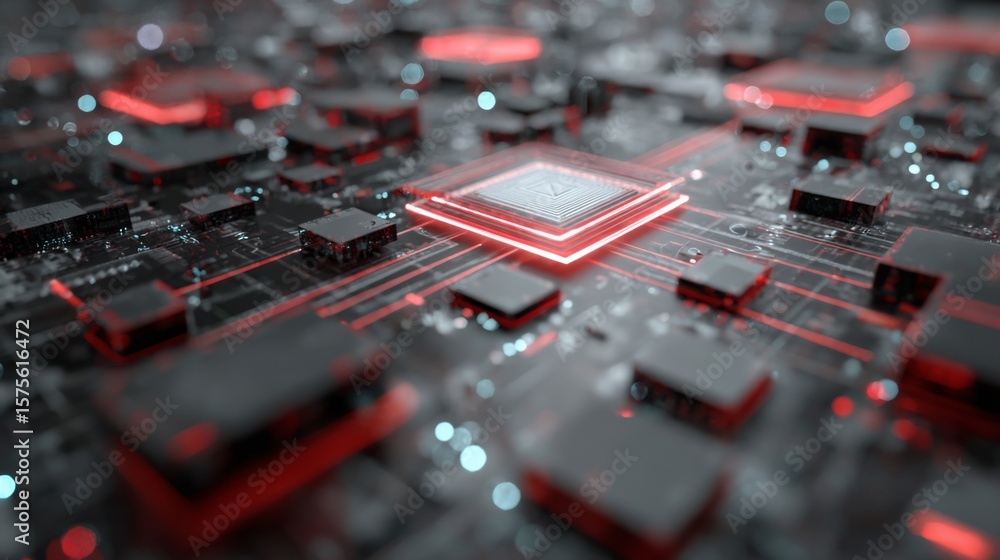 Poster digital circuit board design with bright red lights and microchips in a high-tech environment