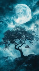 Tree Silhouetted Against a Full Moon and Misty Sky