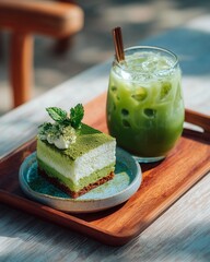 Green tea cake and ice green tea on wooden table in cafe.