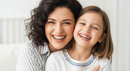 A mother and daughter share a joyful moment, both beaming with bright smiles and laughter