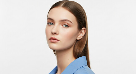 A young woman with long brown hair and natural makeup looks to the side against a white background