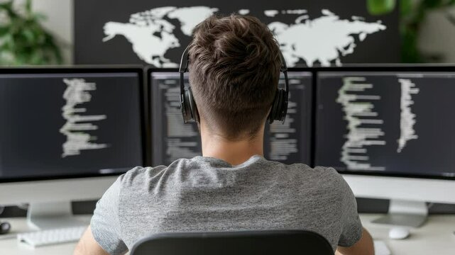 Man working computer: hacker skill, digital code, cyber threat, data breach, system access, keyboard typing, network intrusion, encrypted file, software crack, security flaw, cyber attack