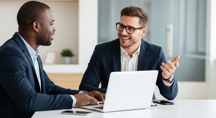Two men in a business meeting collaborating on a laptop