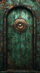 Old Green Wooden Door with Ornate Metal Detailing