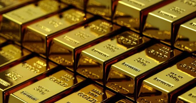 Shiny gold ingots collection with markings arranged in steps. Yellow precious metals stack in bank storage. Richness and success idea