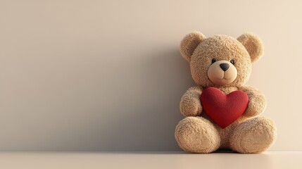 Teddy bear with holding heart neutral background Valentine's Day card.