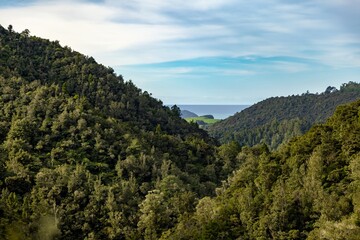 Lush green hillsides meet the ocean in this scenic landscape. The photo captures the natural beauty...