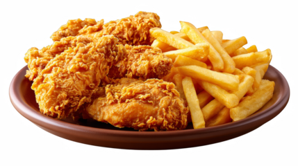 Crispy fried chicken and golden fries served together on a plate create an appealing fast food combination for lunches or dinners.